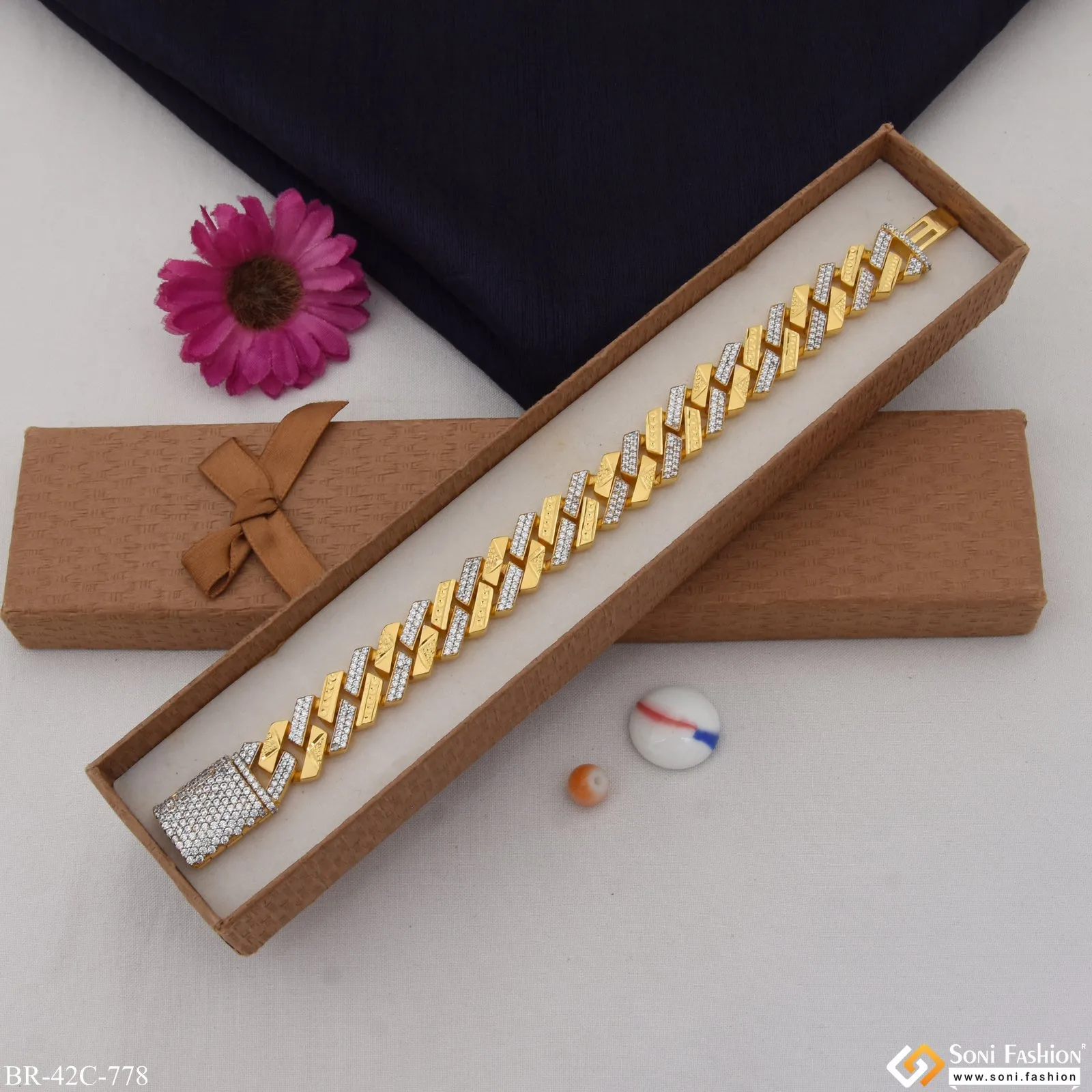 1 Gram Gold Plated With Diamond Design High-quality Bracelet For Men - Style C778