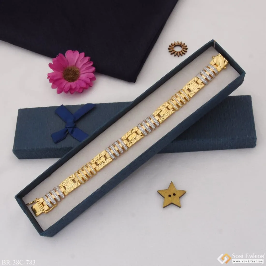 1 Gram Gold Plated with Diamond Excellent Design Bracelet for Men - Style C783