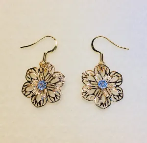 14K Gold Plated Filigree Flower Earrings with Pink or Blue Swarovski Crystals, 38L x 21W mm