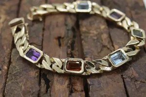 14k Heavy Multi-Color Gem Cuban Chain Bracelet. 23.6g 14k Cuban Chain Bezel Chain Bracelet. Citrine Amethyst Garnet Peridot st (622/15)