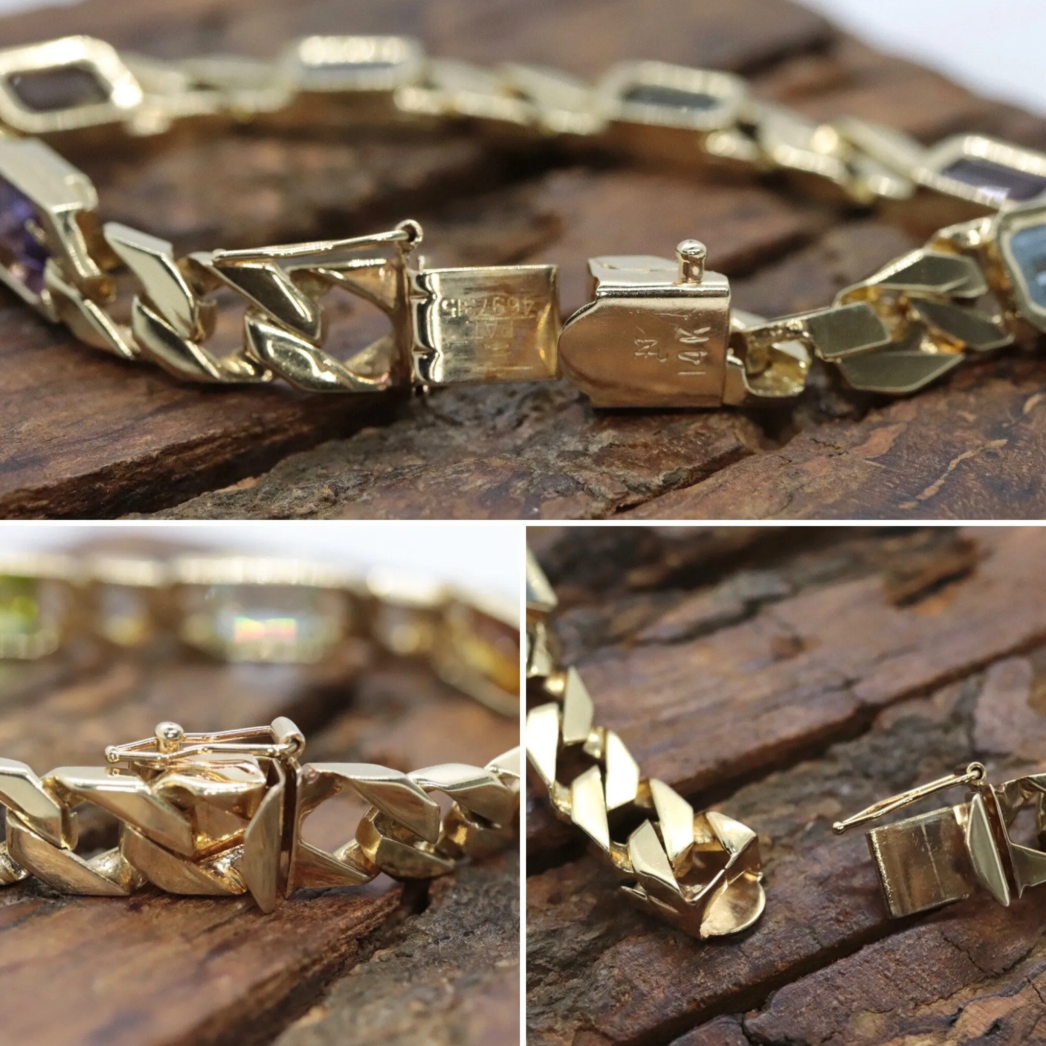 14k Heavy Multi-Color Gem Cuban Chain Bracelet. 23.6g 14k Cuban Chain Bezel Chain Bracelet. Citrine Amethyst Garnet Peridot st (622/15)