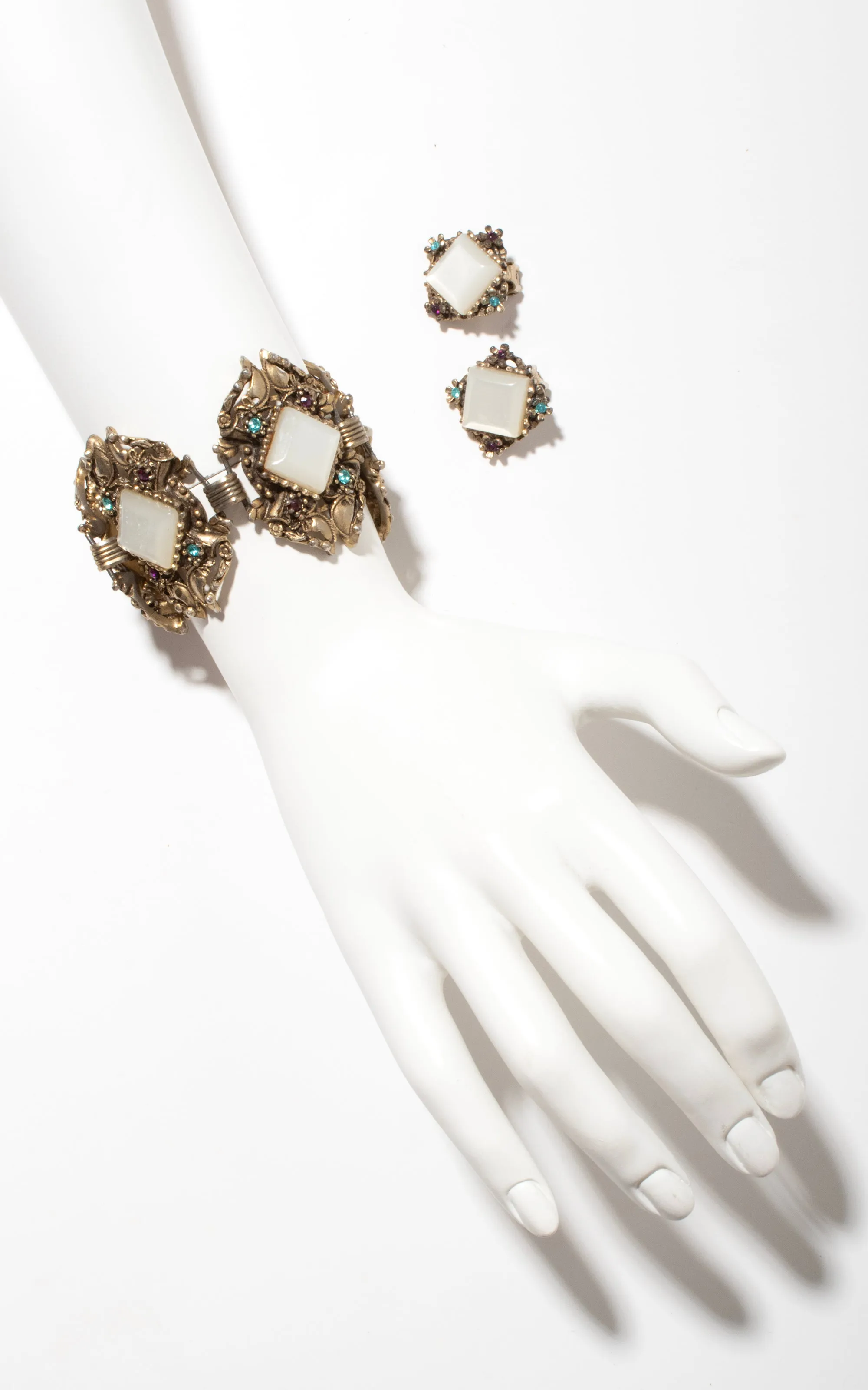 1960s Rhinestone Filigree Bracelet & Clip-On Earrings Set