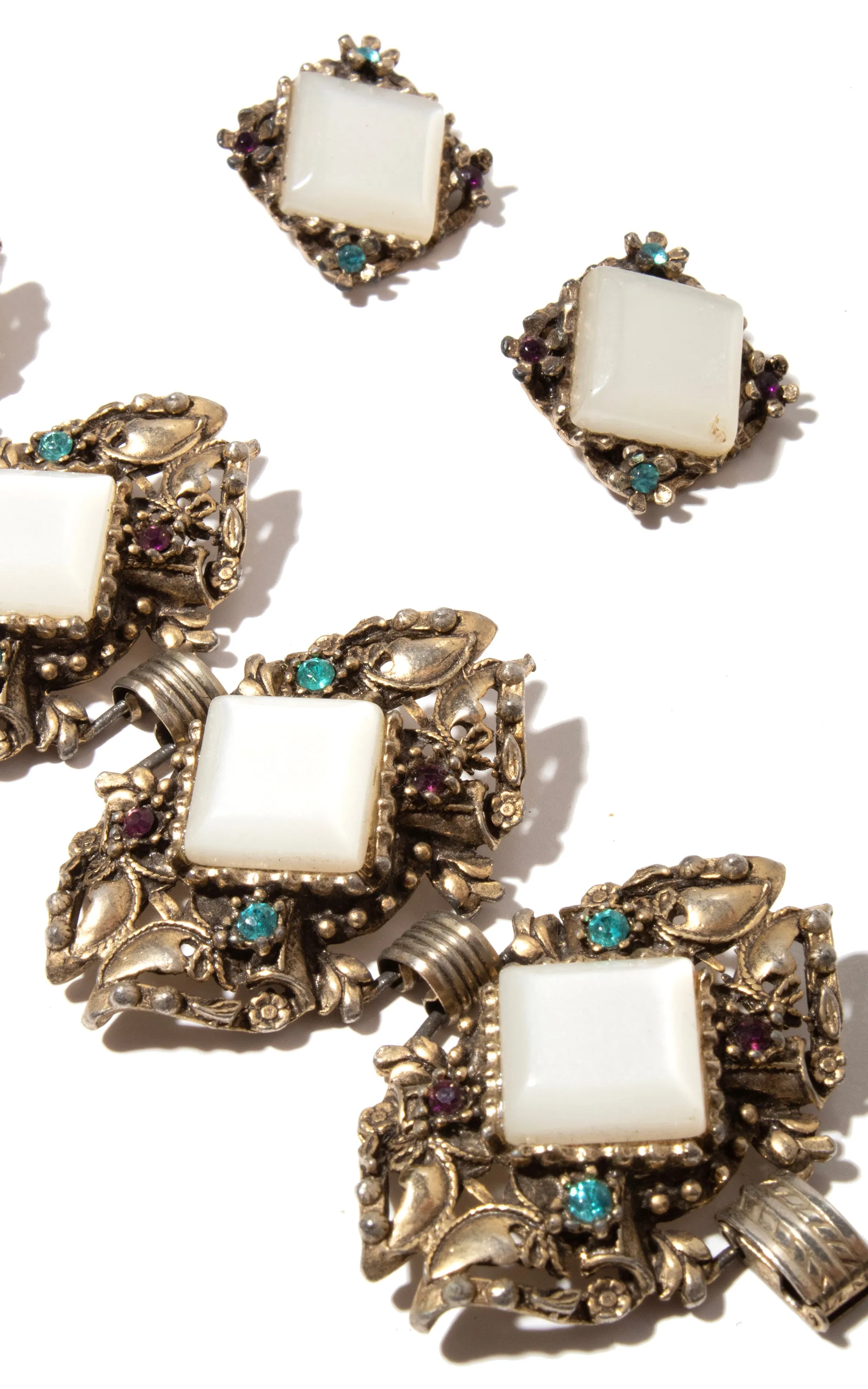 1960s Rhinestone Filigree Bracelet & Clip-On Earrings Set