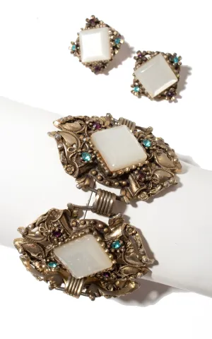 1960s Rhinestone Filigree Bracelet & Clip-On Earrings Set