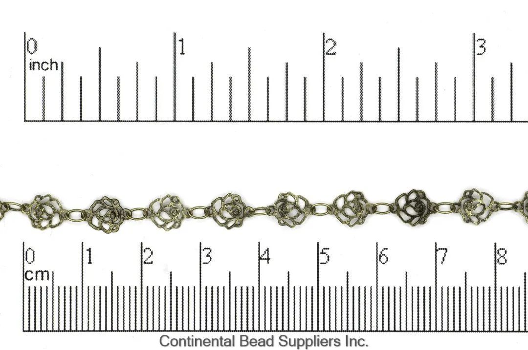 6.5mm Elegant Filigree Rose Chain - Made of Brass - Sold by the Foot - Ch-921