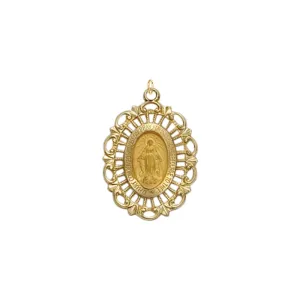 7/8 Inch 14KT Gold Oval with Polished Border Filigree Miraculous Medal