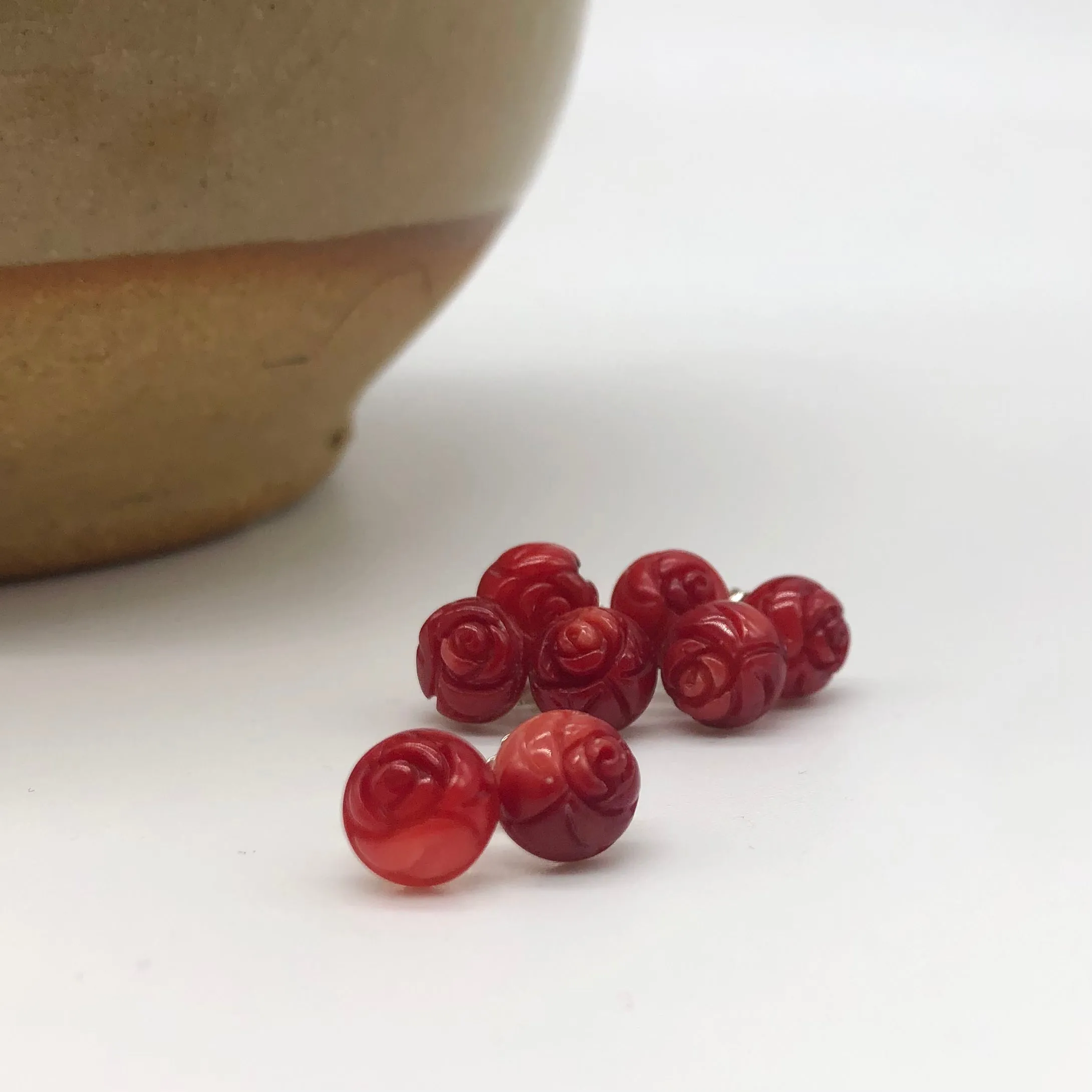 Carved Bamboo Coral Rose Earrings