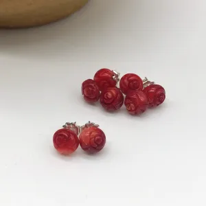 Carved Bamboo Coral Rose Earrings