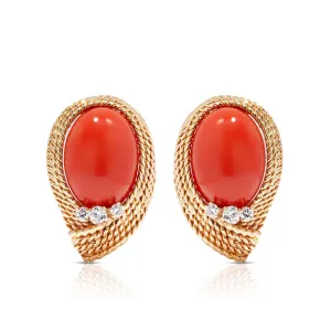 Designer Earrings With Gold Rope Twist And Coral Cabochons