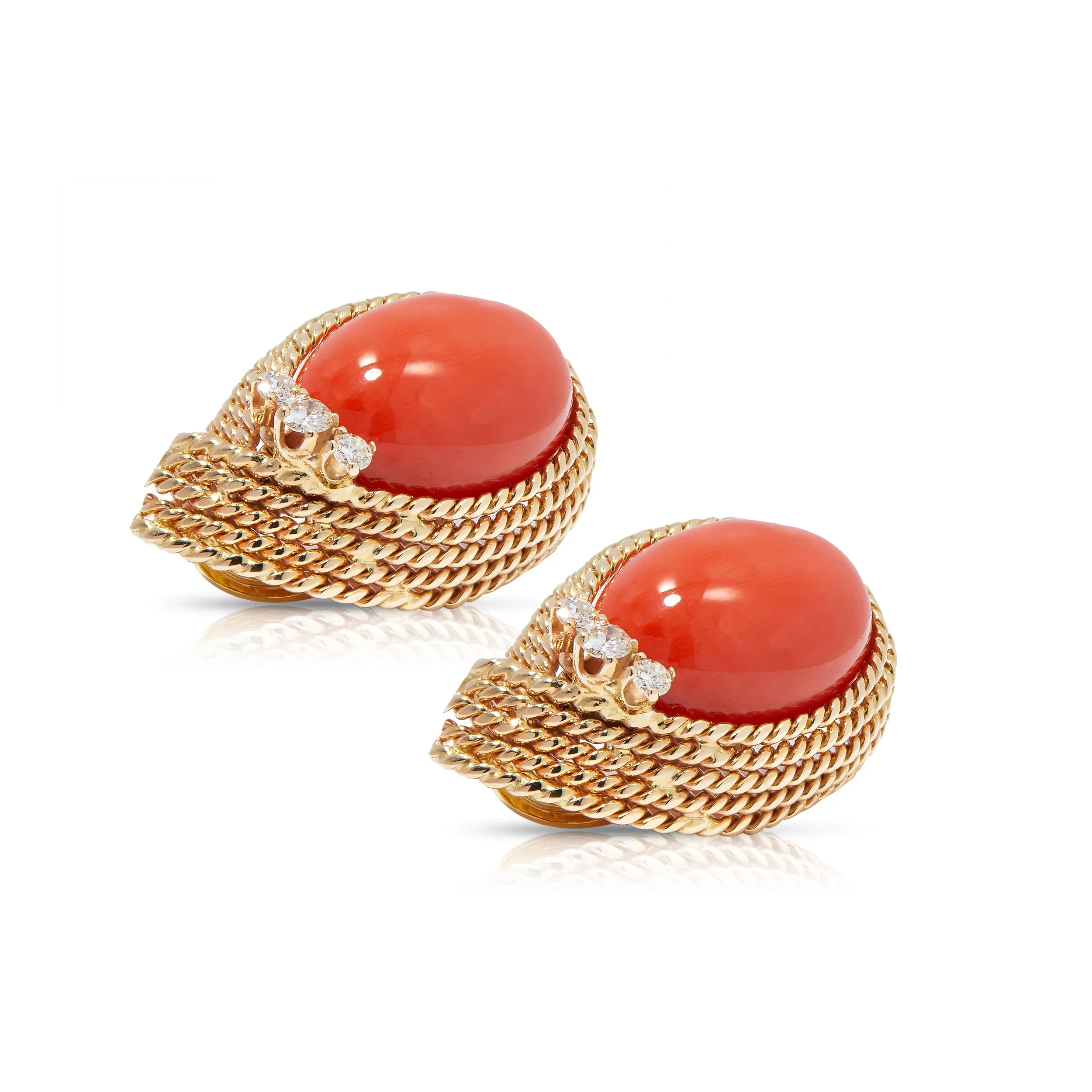 Designer Earrings With Gold Rope Twist And Coral Cabochons