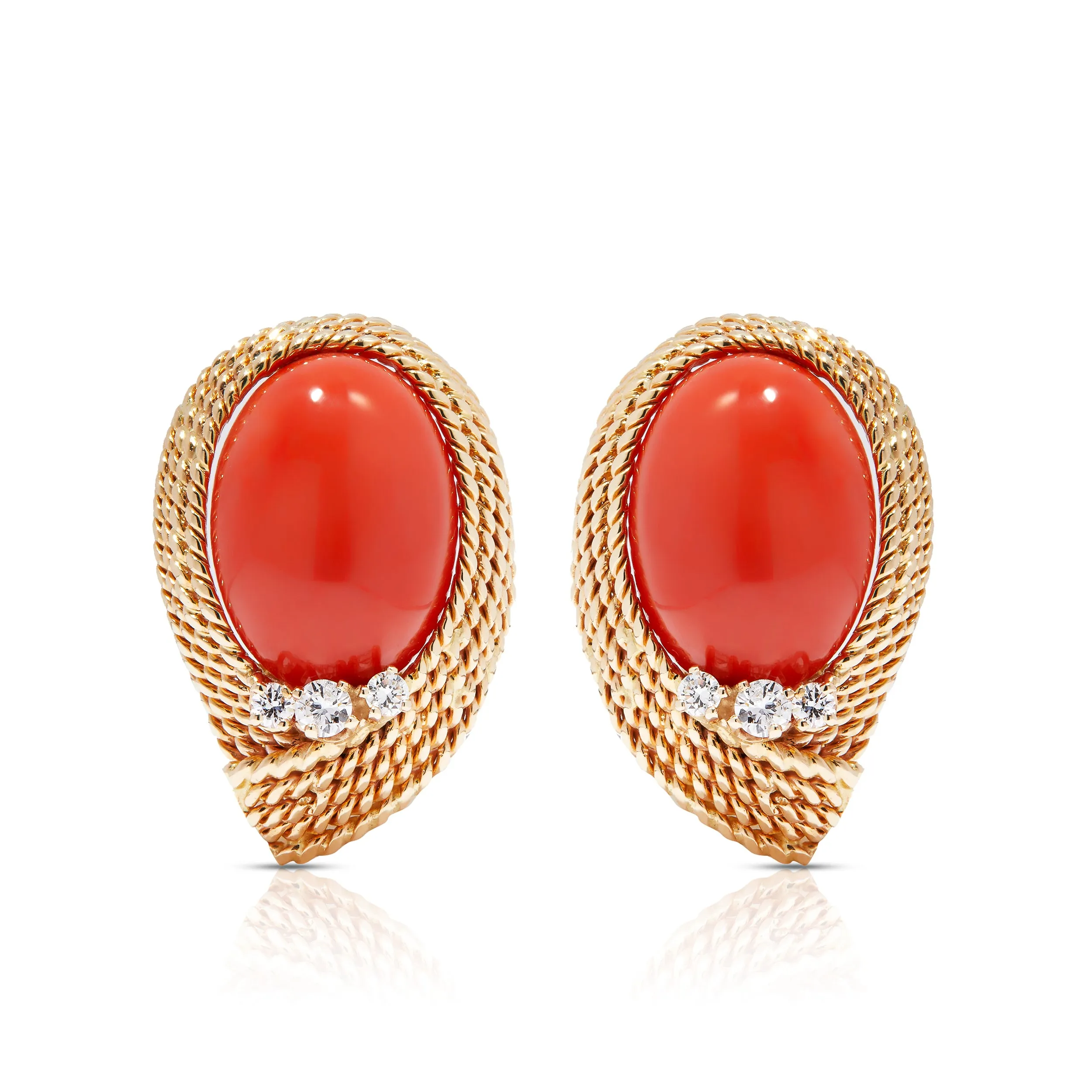 Designer Earrings With Gold Rope Twist And Coral Cabochons