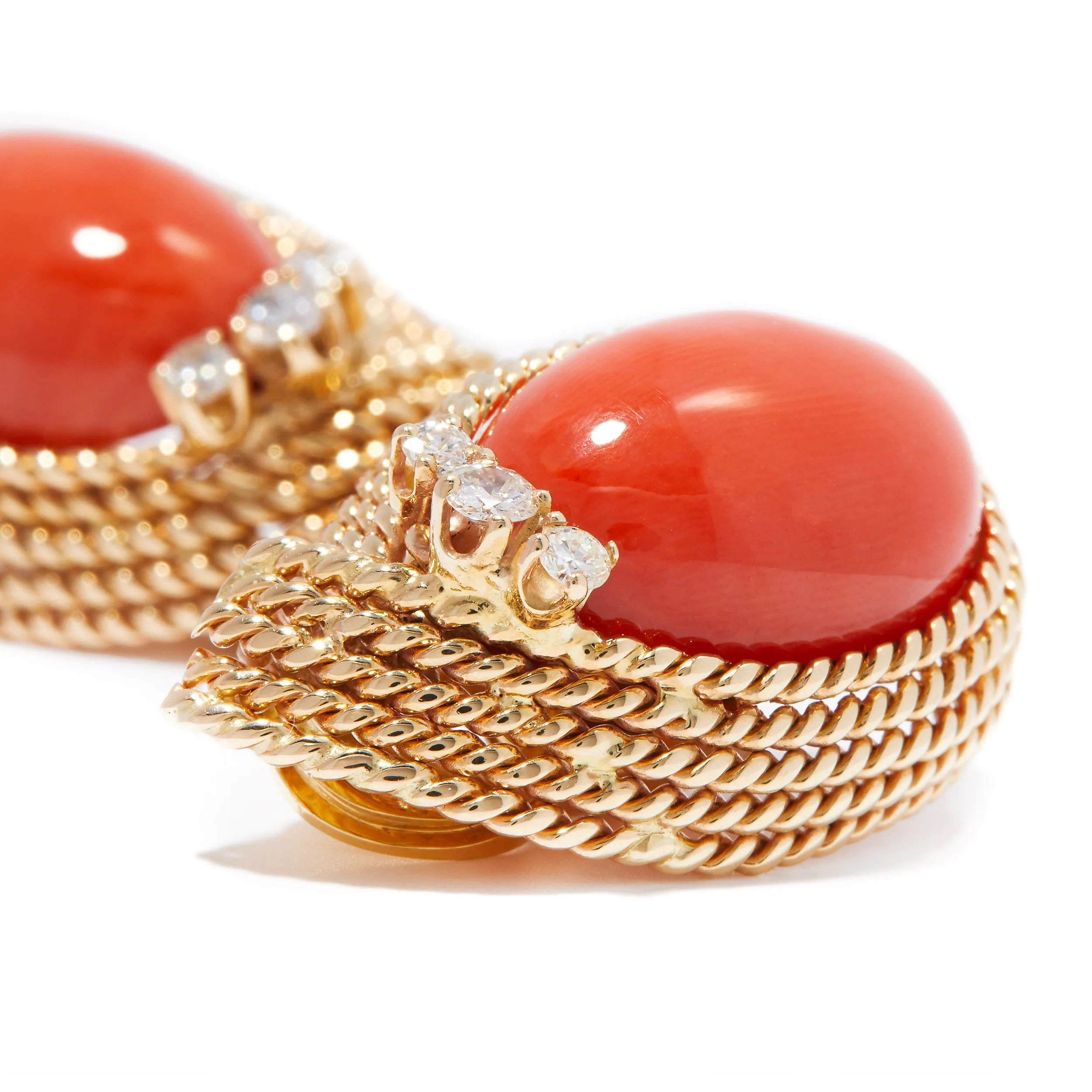 Designer Earrings With Gold Rope Twist And Coral Cabochons