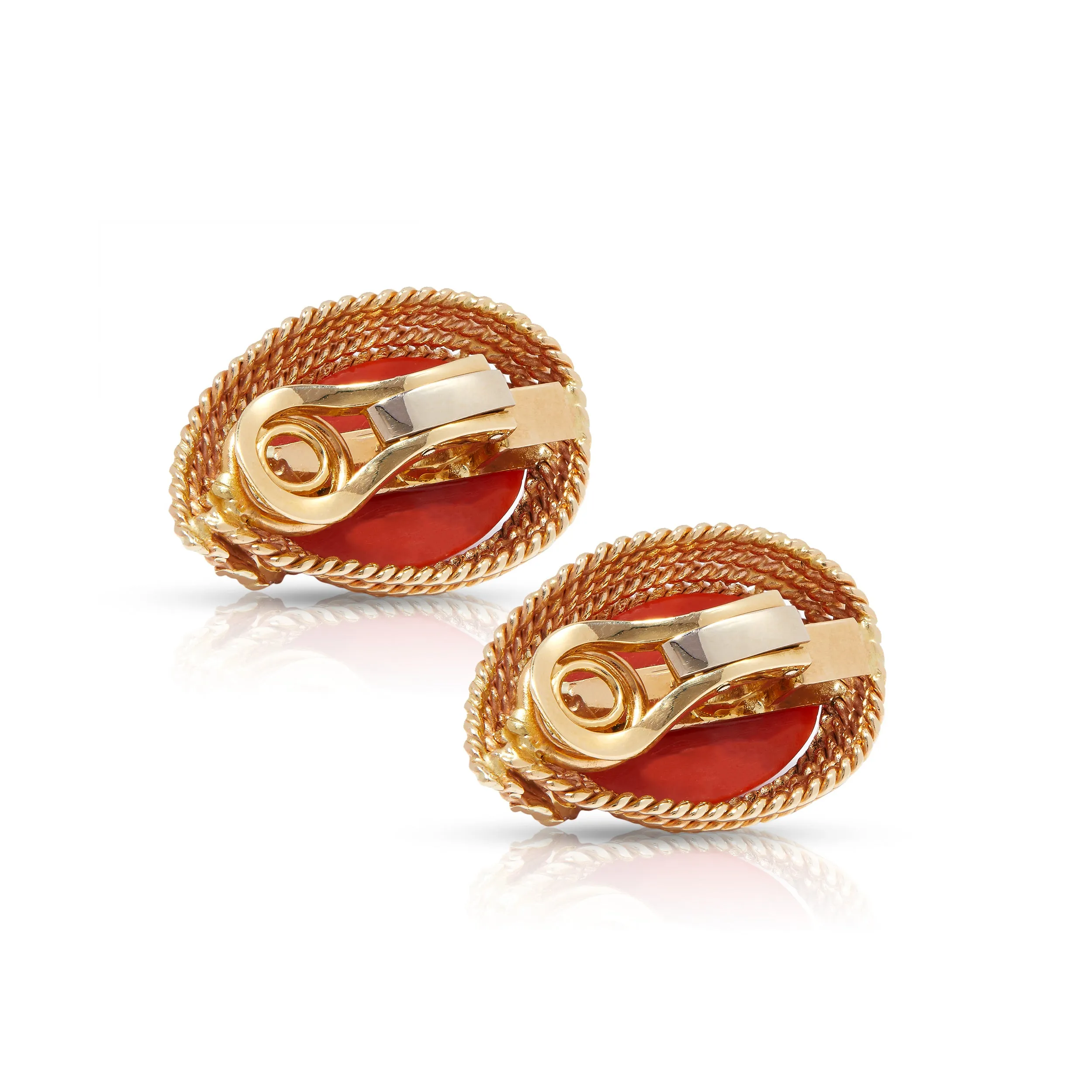 Designer Earrings With Gold Rope Twist And Coral Cabochons