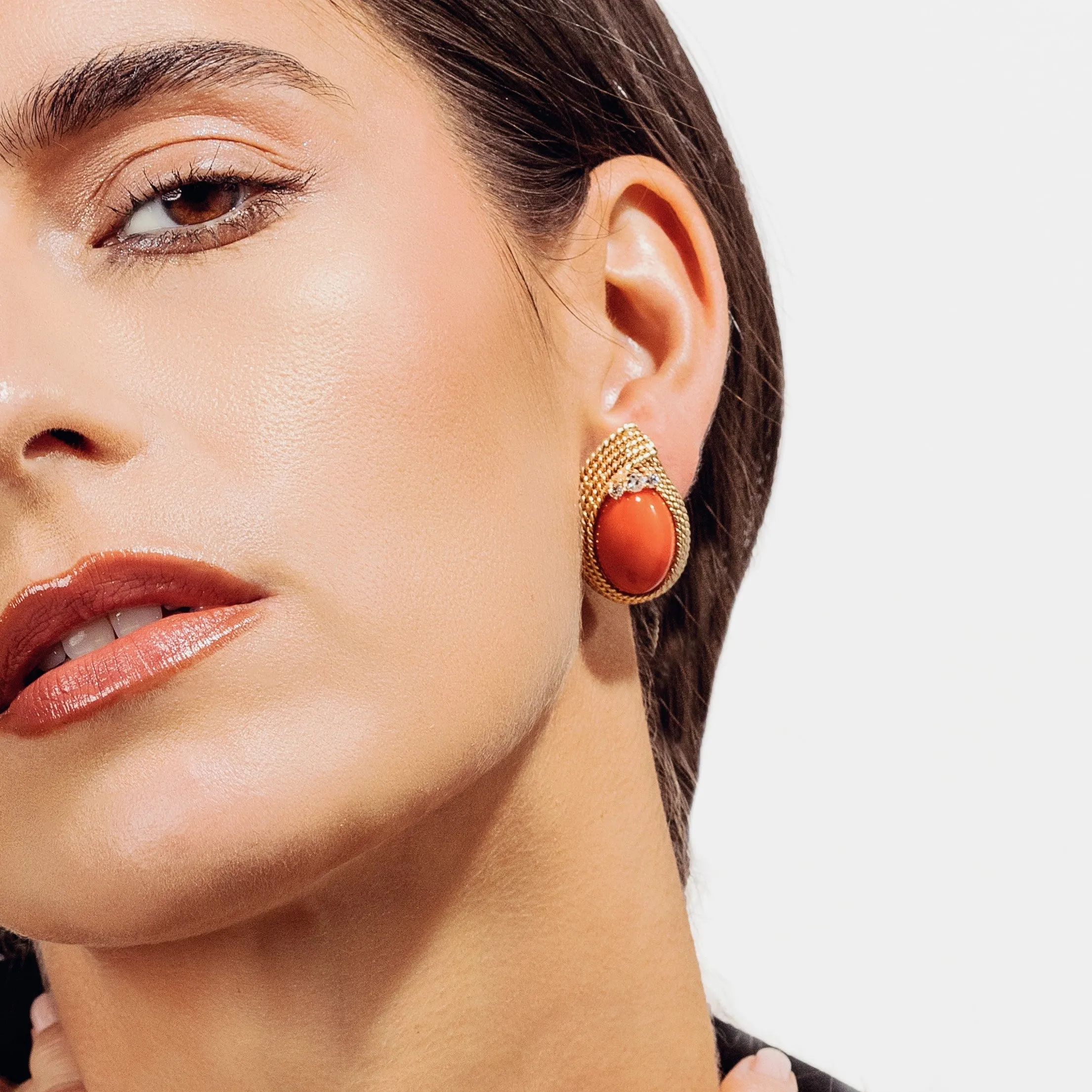 Designer Earrings With Gold Rope Twist And Coral Cabochons