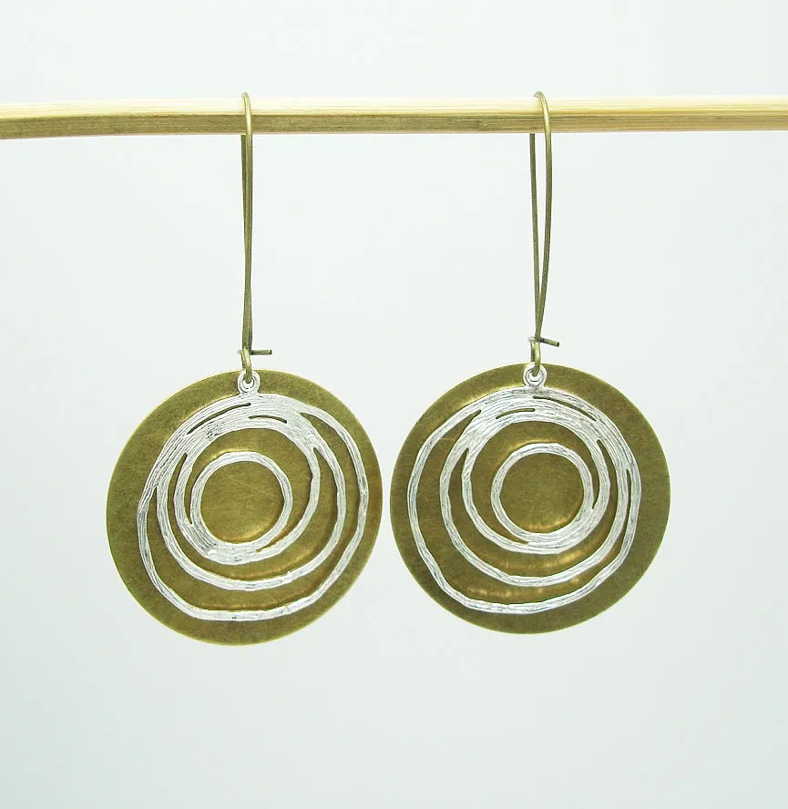 Earrings Silver Swirl and Round Ox Brass  Dangle Earrings.