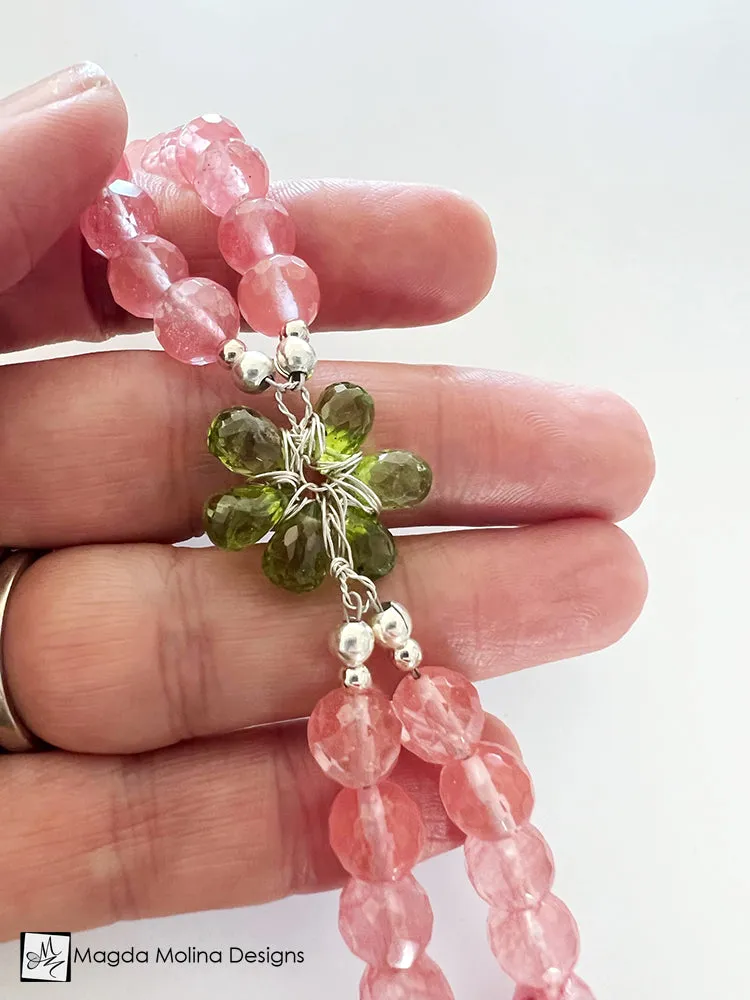 Elegant And Playful Cherry Quartz, Peridot And Silver Bracelet