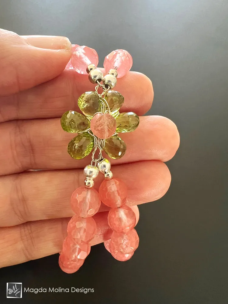 Elegant And Playful Cherry Quartz, Peridot And Silver Bracelet