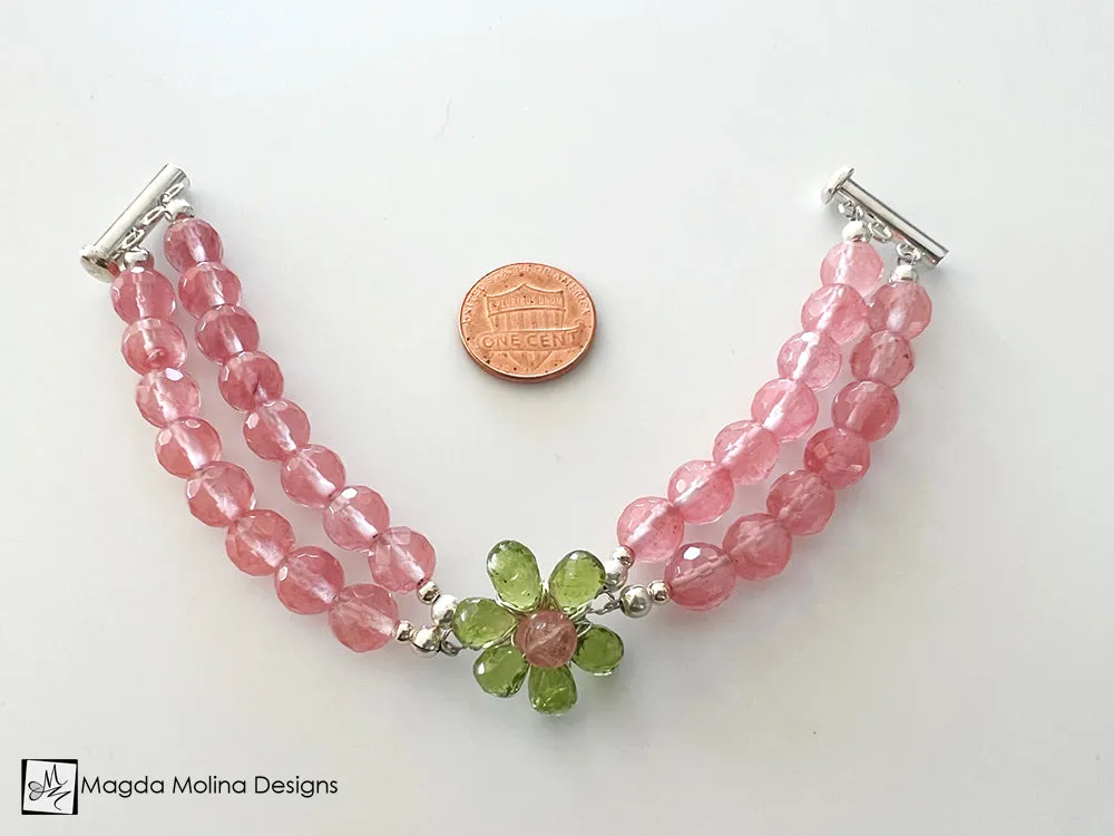 Elegant And Playful Cherry Quartz, Peridot And Silver Bracelet