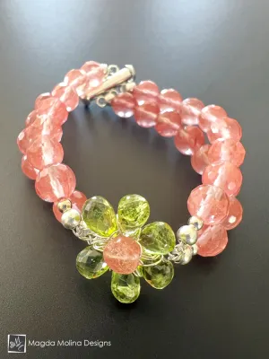 Elegant And Playful Cherry Quartz, Peridot And Silver Bracelet