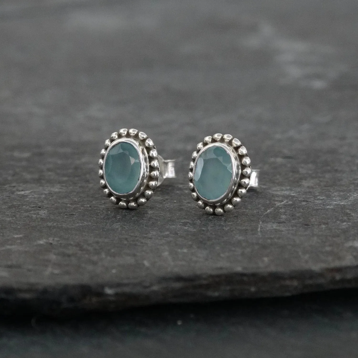 Gemstone and Sterling Silver Detail Oval Stud Earrings