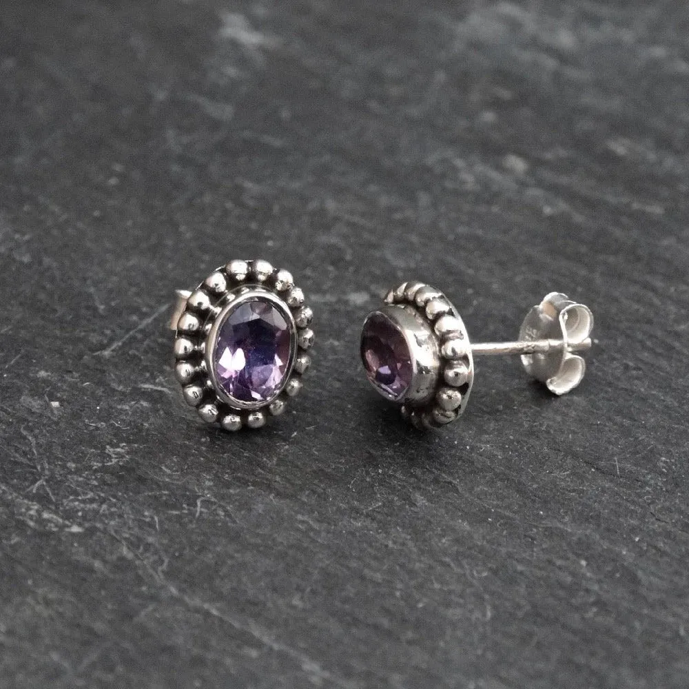 Gemstone and Sterling Silver Detail Oval Stud Earrings