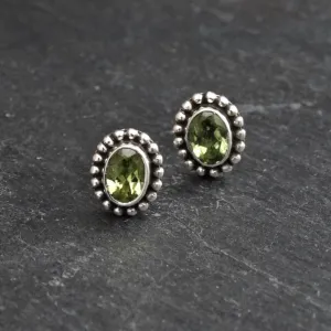 Gemstone and Sterling Silver Detail Oval Stud Earrings