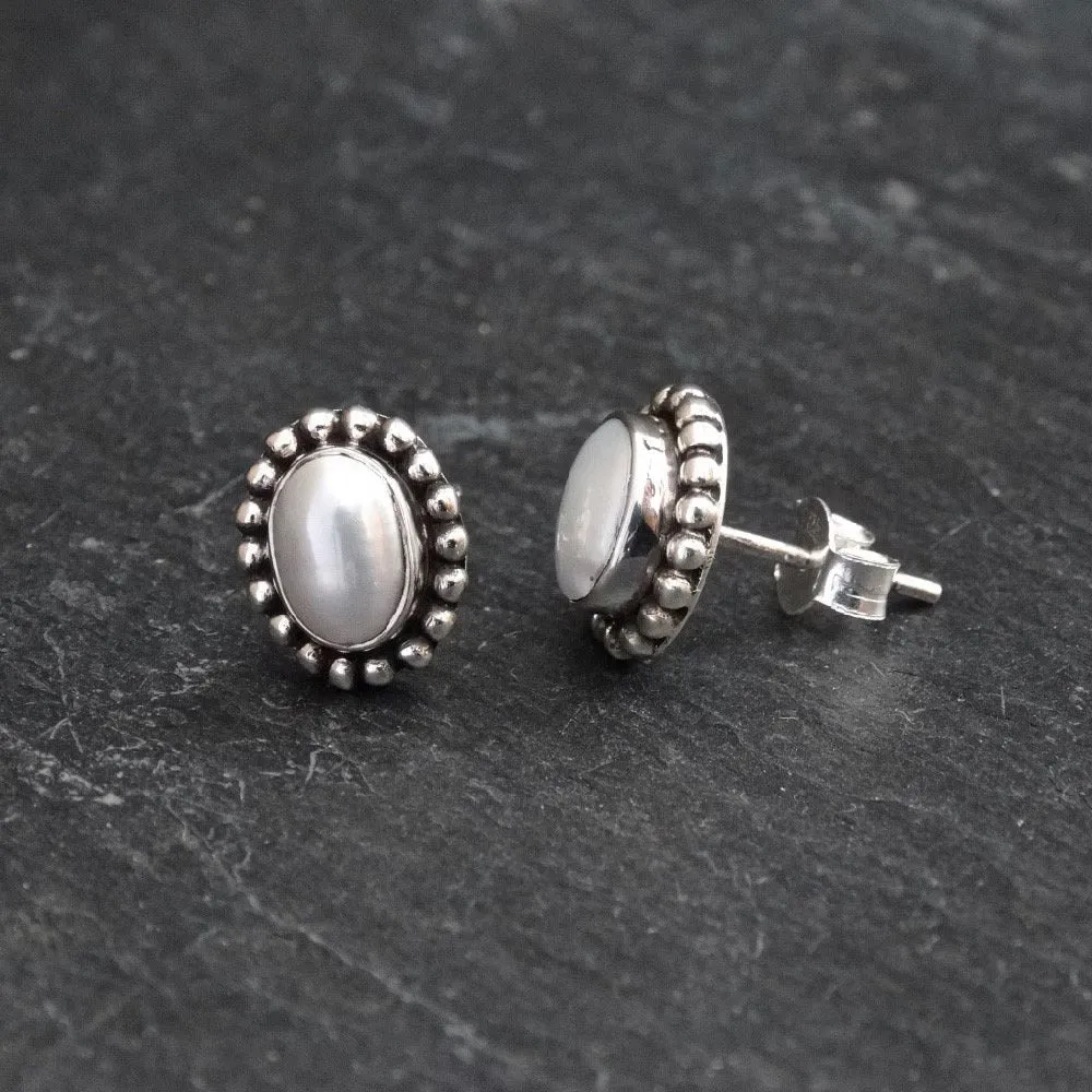 Gemstone and Sterling Silver Detail Oval Stud Earrings