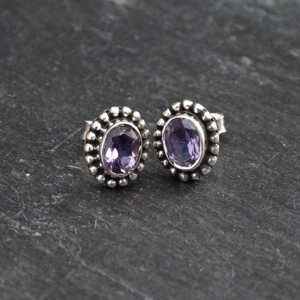 Gemstone and Sterling Silver Detail Oval Stud Earrings