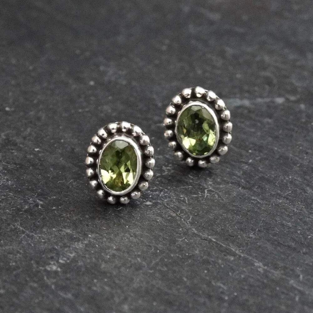 Gemstone and Sterling Silver Detail Oval Stud Earrings