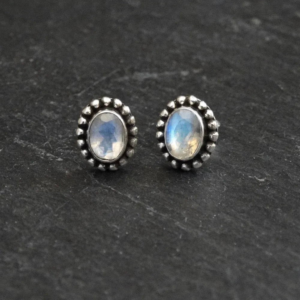Gemstone and Sterling Silver Detail Oval Stud Earrings