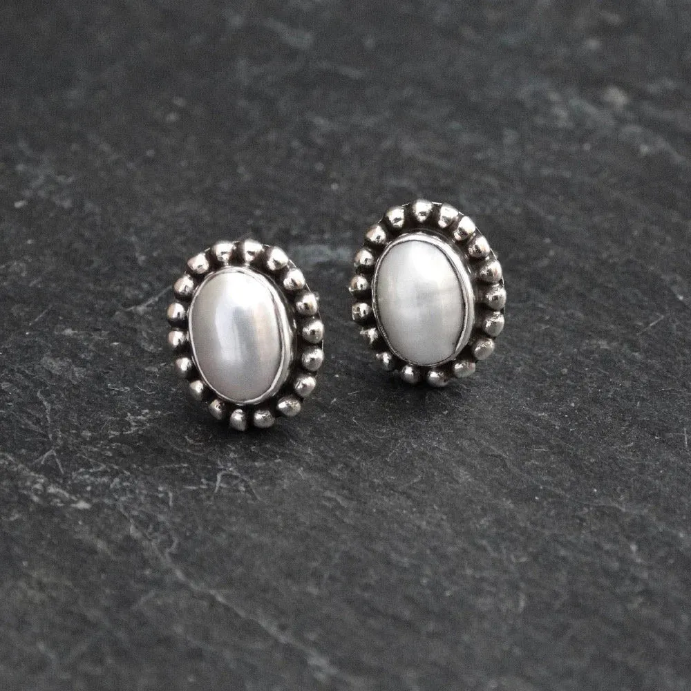 Gemstone and Sterling Silver Detail Oval Stud Earrings