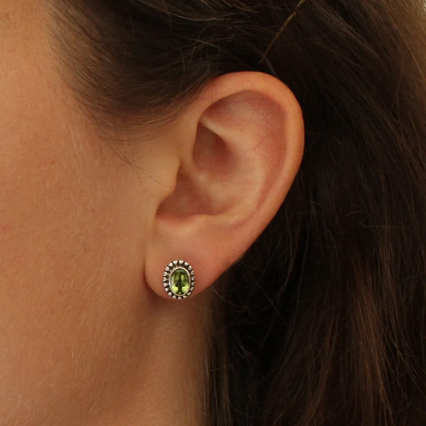 Gemstone and Sterling Silver Detail Oval Stud Earrings