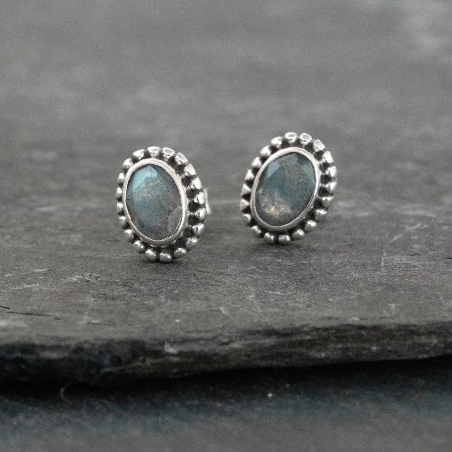 Gemstone and Sterling Silver Detail Oval Stud Earrings