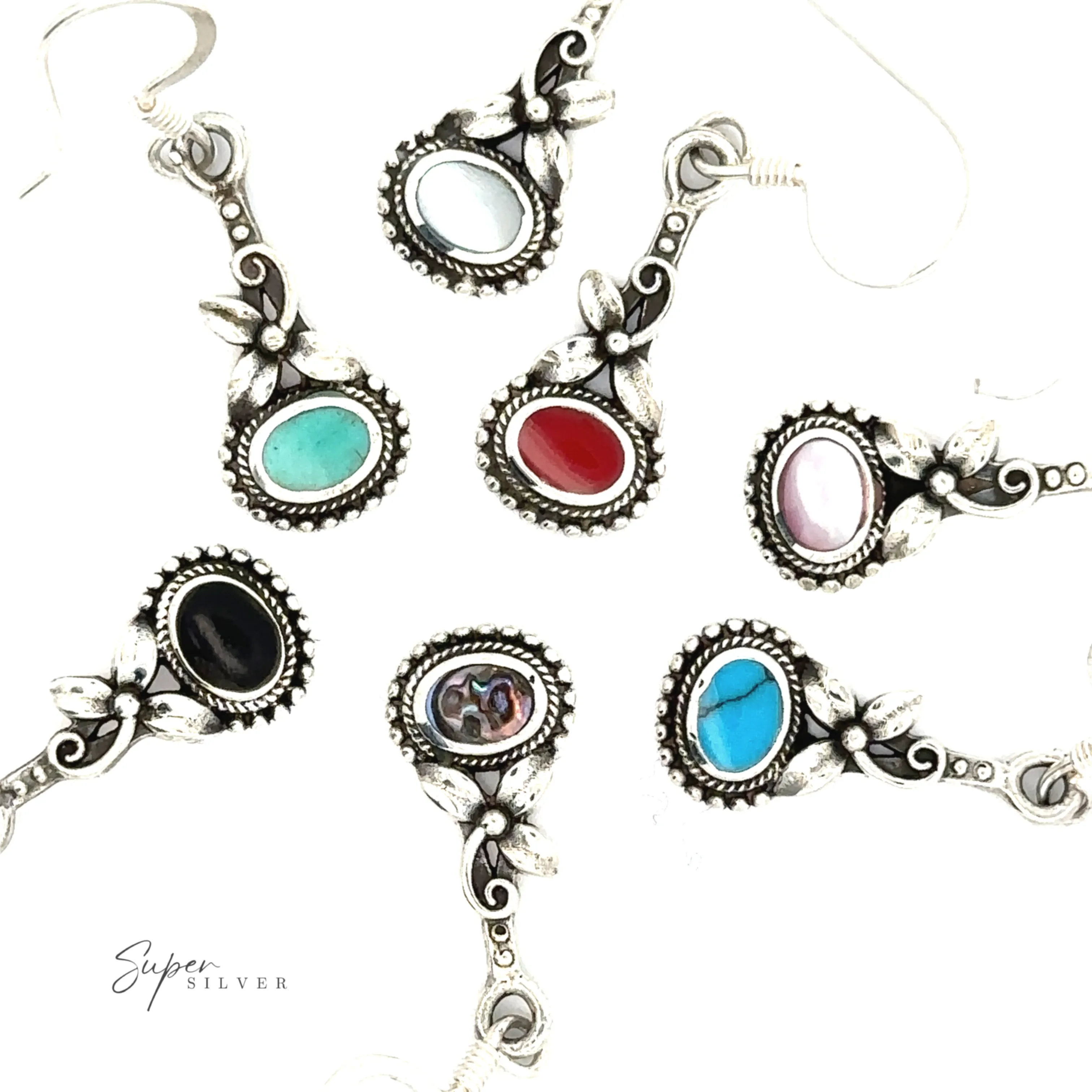 Inlaid Flower Earrings with Oval Stone
