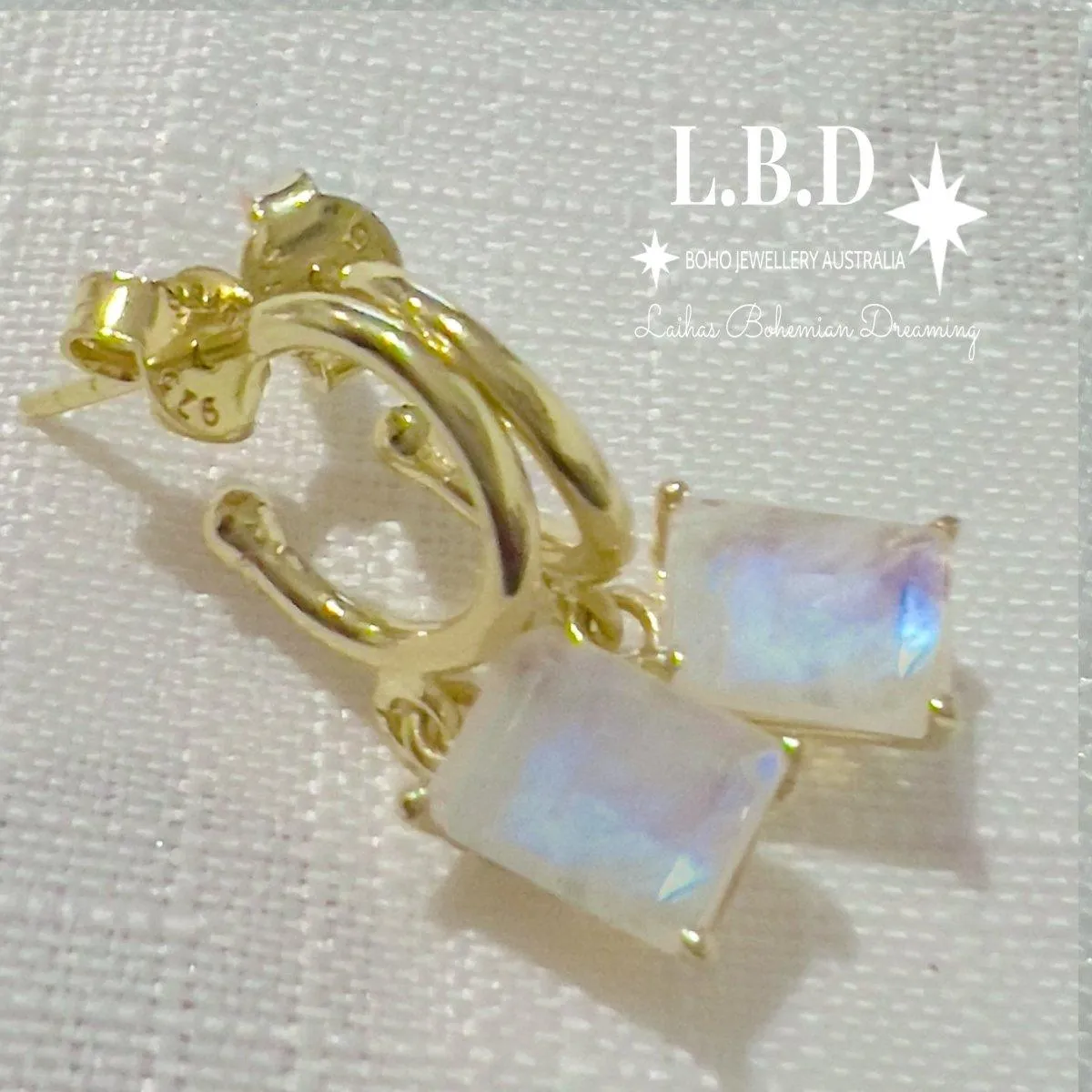 Laihas Miraculous Emerald Cut Moonstone Gold Hoop Earrings