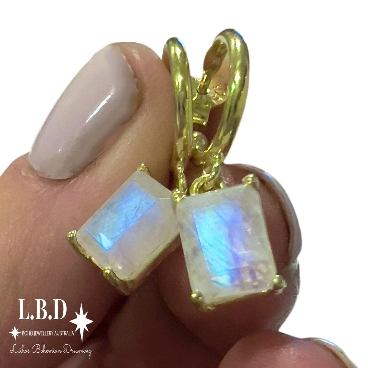 Laihas Miraculous Emerald Cut Moonstone Gold Hoop Earrings
