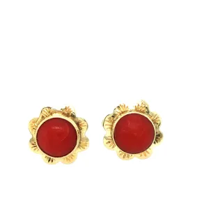 Mid-century 14k gold and coral rosette earrings