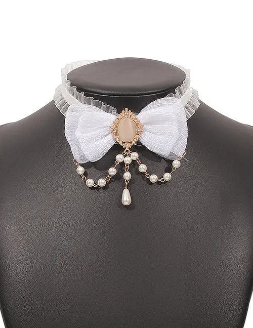  N1677 Gold White Moonstone Bow Pearls Choker Necklace with FREE EARRINGS