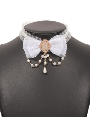  N1677 Gold White Moonstone Bow Pearls Choker Necklace with FREE EARRINGS