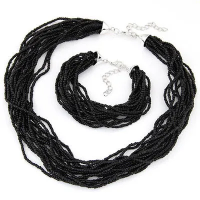 N653 Black Bead Necklace with FREE Earrings and Bracelet