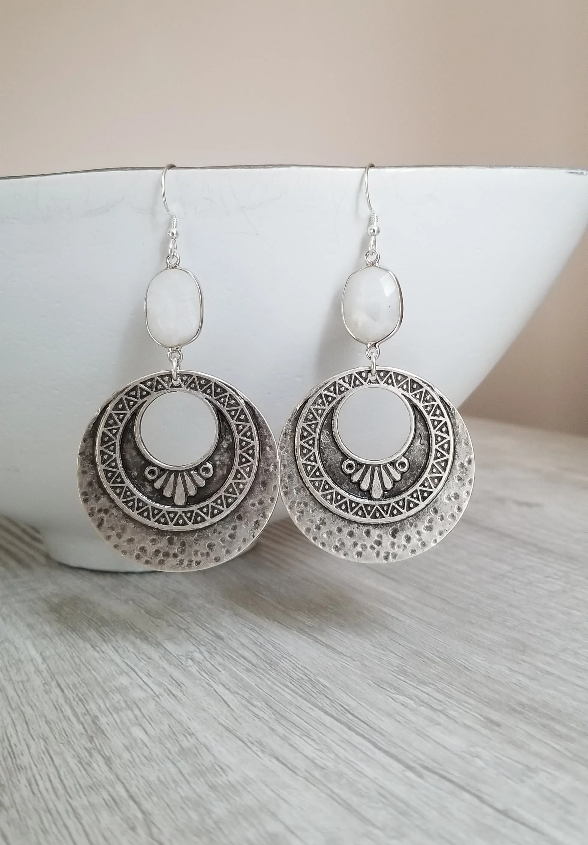 Oxidized Silver Hoop Earrings with Moonstone