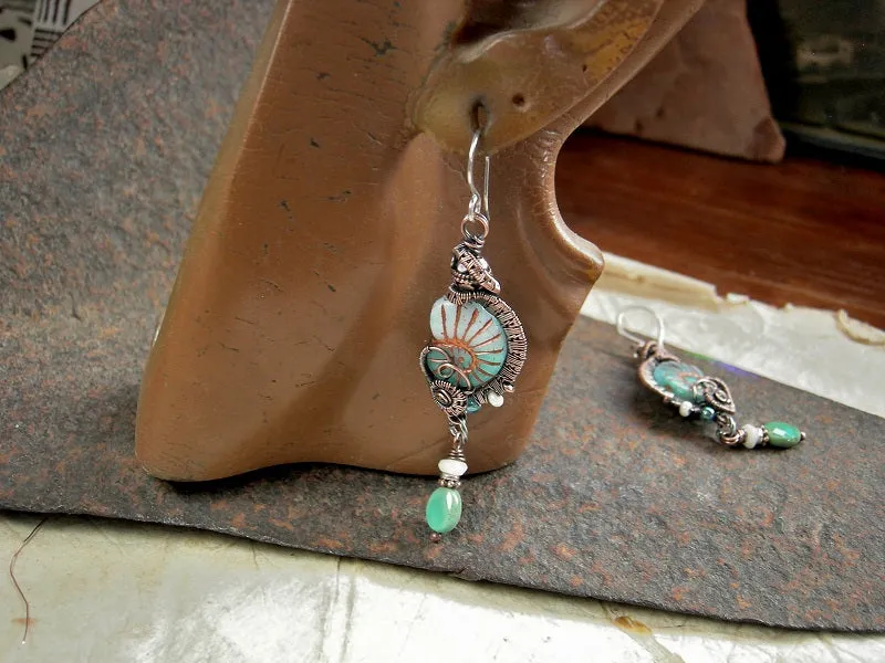Queen of the Sea Earrings, Aqua Nautilus Beads & Copper Wire Wrap