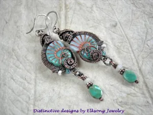 Queen of the Sea Earrings, Aqua Nautilus Beads & Copper Wire Wrap