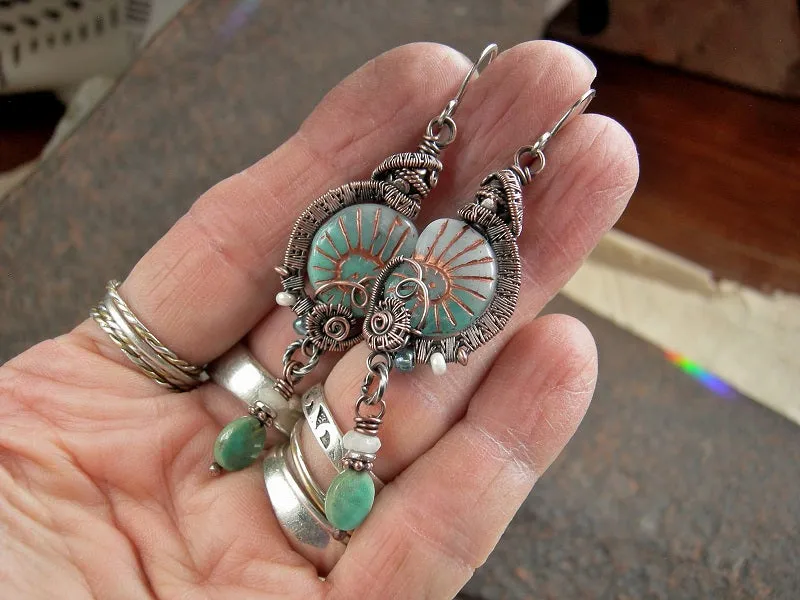 Queen of the Sea Earrings, Aqua Nautilus Beads & Copper Wire Wrap