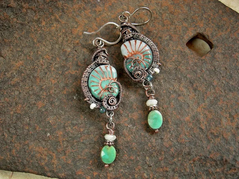 Queen of the Sea Earrings, Aqua Nautilus Beads & Copper Wire Wrap