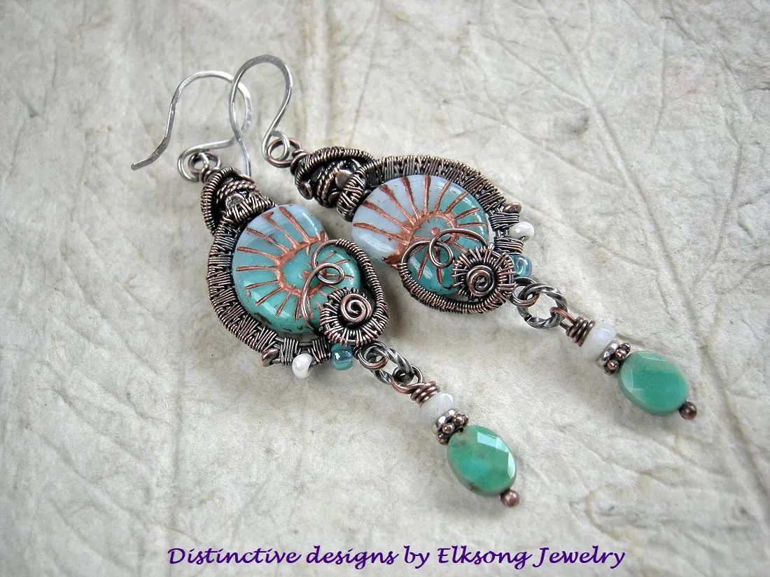 Queen of the Sea Earrings, Aqua Nautilus Beads & Copper Wire Wrap