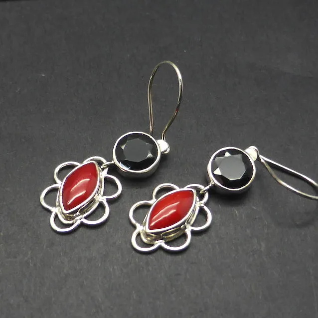 Red Coral with Black Onyx Earrings, 925 Silver