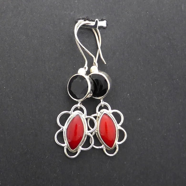 Red Coral with Black Onyx Earrings, 925 Silver