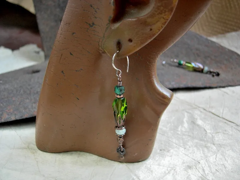 Sea Green Vintage Glass & Gemstone Earrings, Bead Stack Style