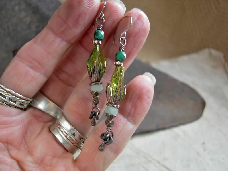 Sea Green Vintage Glass & Gemstone Earrings, Bead Stack Style
